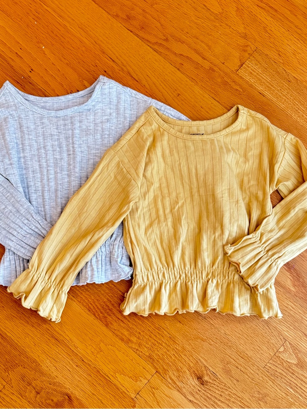 Girls' Ribbed Long-Sleeve Peplum Top - Yellow and Light Gray- Sold as a Pair